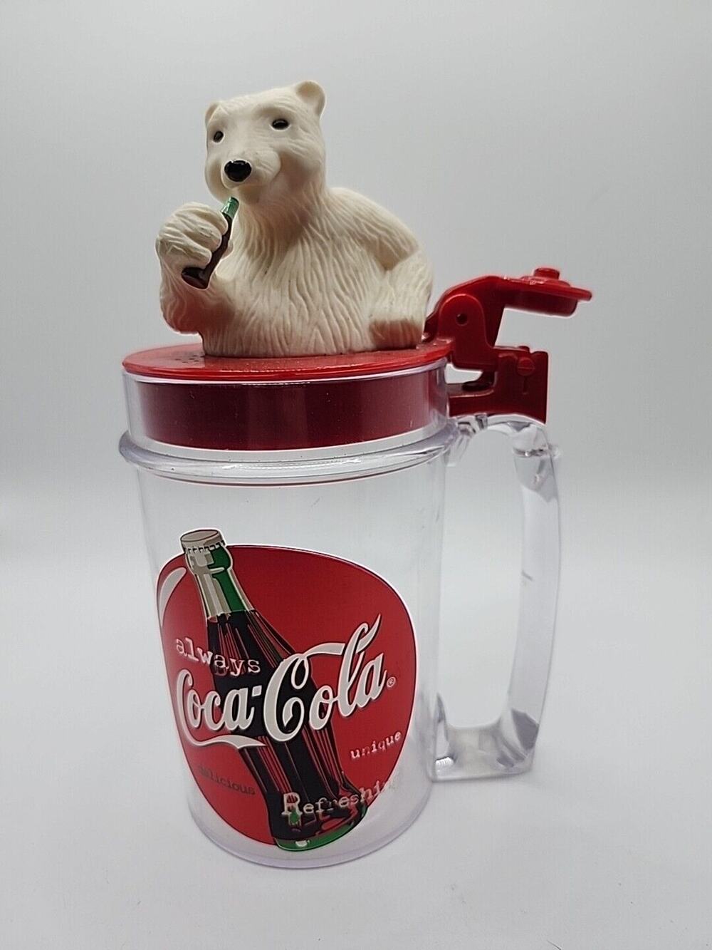 Vintage 1997 Coca Cola Singing Polar Bear Plastic Mug Cup Flip Top Coke UNTESTED